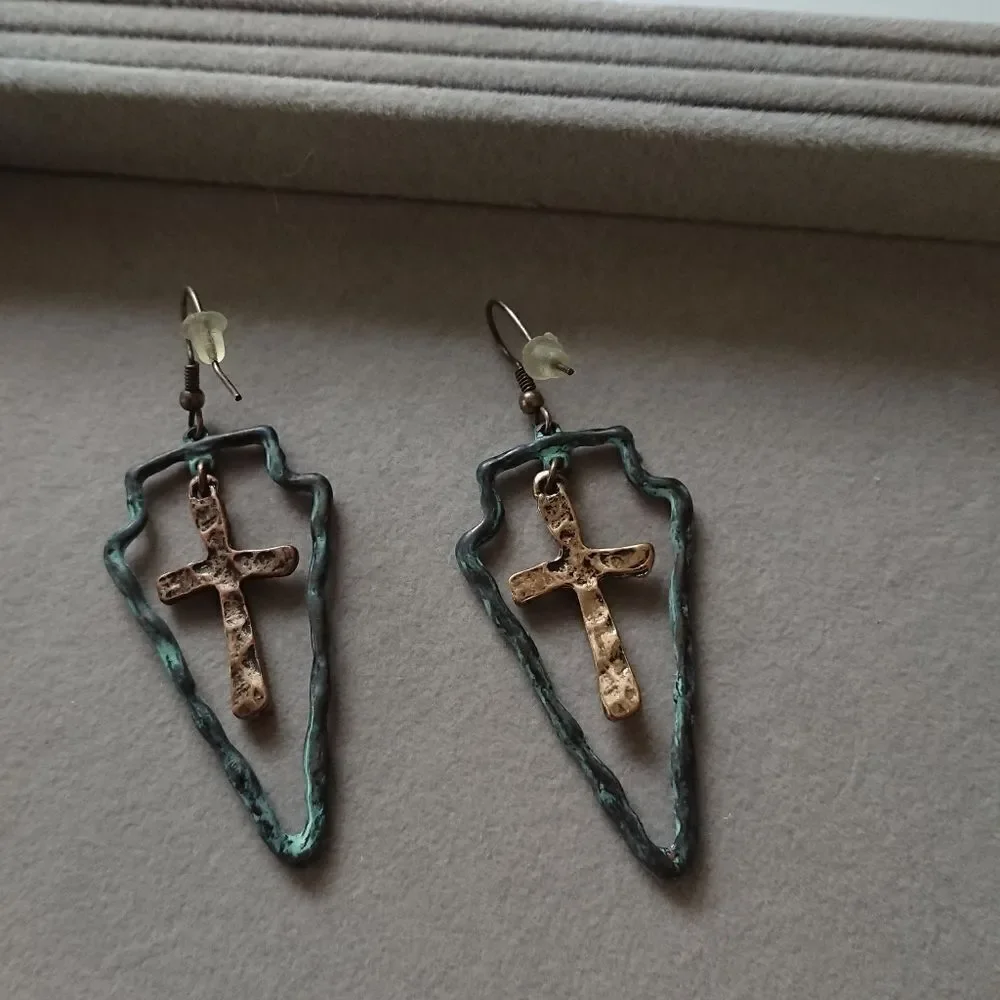 Rustic Copper Triangle with cross Earrings